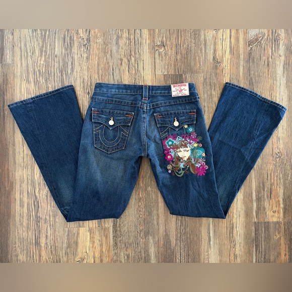 True Religion Jeans Womens 29 Joey Miss Groovy Flare Embroidered Dark Wash Y2K - Picture 1 of 16